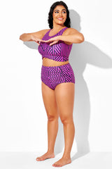 Black & Rose Red Diagonal Stripes High Waist Swim Brief