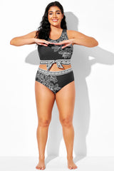 Black & White Floral High-Waist Swim Brief For Lady