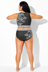 Black & White Floral High-Waist Swim Brief For Lady