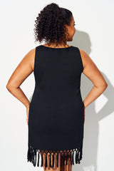 Black Round Neck Tassel Hem Cover Up