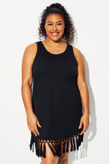 Black Round Neck Tassel Hem Cover Up