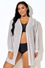 White Front Button V-Neck Cover Up