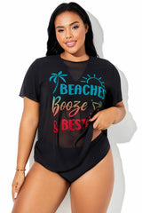 Letter Printed Sheer Mesh Short-Sleeve Cover Up