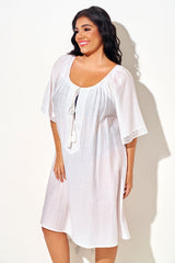 White Crew Neck Beach Cover Up with Lace Trim