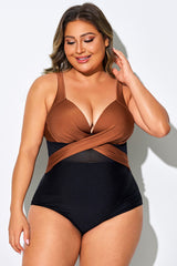 Black & Reddish Brown Cut Out Mesh Underwire One Piece Swimsuit