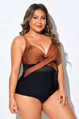 Black & Reddish Brown Cut Out Mesh Underwire One Piece Swimsuit