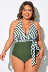 Green Striped Faux Wrap Halter One Piece Swimsuit