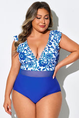 Blue Floral Ruffle Plunge V Neck One Piece Swimsuit