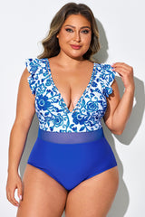 Blue Floral Ruffle Plunge V Neck One Piece Swimsuit
