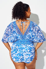 Blue & White Porcelain Mesh Patchwork One Piece Swimsuit
