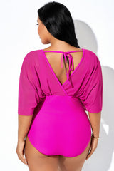 Magenta Mesh Patchwork Sleeves One Piece Swimsuit