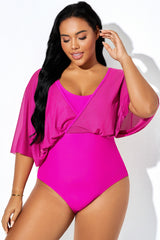 Magenta Mesh Patchwork Sleeves One Piece Swimsuit