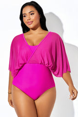 Magenta Mesh Patchwork Sleeves One Piece Swimsuit