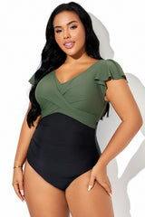 Green & Black Gathered Ruffle Sleeve One Piece Swimsuit
