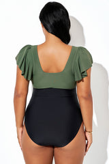 Green & Black Gathered Ruffle Sleeve One Piece Swimsuit