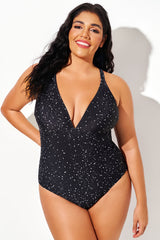 Black & White Star Dots V-Neck One Piece Swimsuit