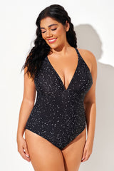 Black & White Star Dots V-Neck One Piece Swimsuit