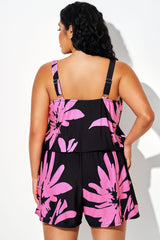 Pink Floral Print Pockets One Piece Swimsuit