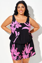 Pink Floral Print Pockets One Piece Swimsuit