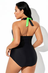 Black & Fluorescent Green Elegant Halter One Piece Swimsuit