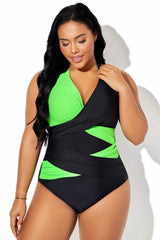 Black & Fluorescent Green Elegant Halter One Piece Swimsuit