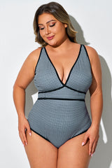 Black & White Plaid Spaghetti Strap Lace-Up One Piece Swimsuit