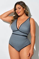 Black & White Plaid Spaghetti Strap Lace-Up One Piece Swimsuit