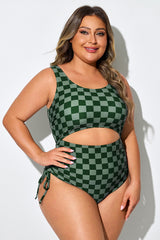 Green Check Front & Back Cutout One Piece Swimsuit