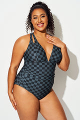 Black Check Shoulder Cutout One Piece Swimsuit