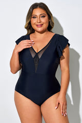 Black Mesh Cross One Piece Swimsuit With Ruffle Trim