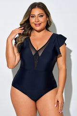 Black Mesh Cross One Piece Swimsuit With Ruffle Trim