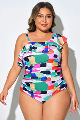 One-Shoulder Ruffled One Piece Swimsuit With Detachable Strap