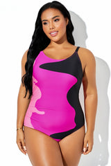 Pink & Black Tricolor Colorblock One Piece Swimsuit