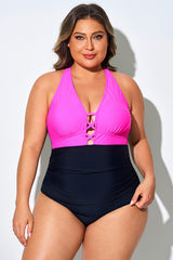 Pink & Black Deep V-Neck One Piece Swimsuit