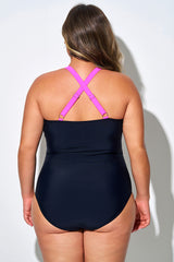 Pink & Black Deep V-Neck One Piece Swimsuit