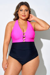 Pink & Black Deep V-Neck One Piece Swimsuit