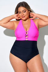 Pink & Black Deep V-Neck One Piece Swimsuit