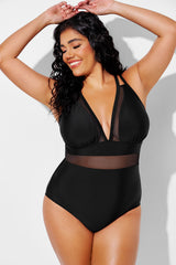 Sexy Deep V-Neck Mesh Splice One Piece Swimsuit