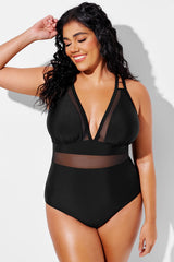 Sexy Deep V-Neck Mesh Splice One Piece Swimsuit