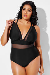Sexy Deep V-Neck Mesh Splice One Piece Swimsuit