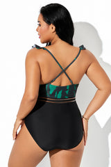 Black & Green Ruffle Sleeve Mesh One Piece Swimsuit