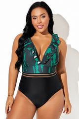Black & Green Ruffle Sleeve Mesh One Piece Swimsuit