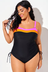 Colorblock Striped One Piece Swimsuit With Drawstring