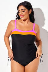 Colorblock Striped One Piece Swimsuit With Drawstring