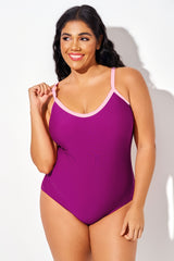 Burgundy & Pink Trim Fitted One Piece Swimsuit