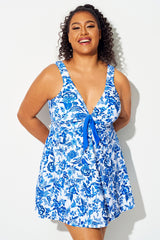 Porcelain Blue Floral Tie Front V-Neck Swimdress