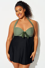 Black & Green Bow Classic Halter Swimdress