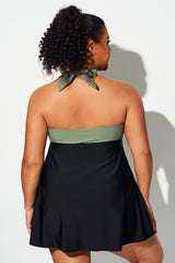 Black & Green Bow Classic Halter Swimdress