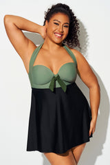 Black & Green Bow Classic Halter Swimdress