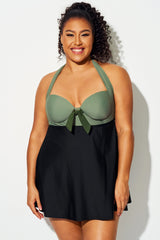Black & Green Bow Classic Halter Swimdress